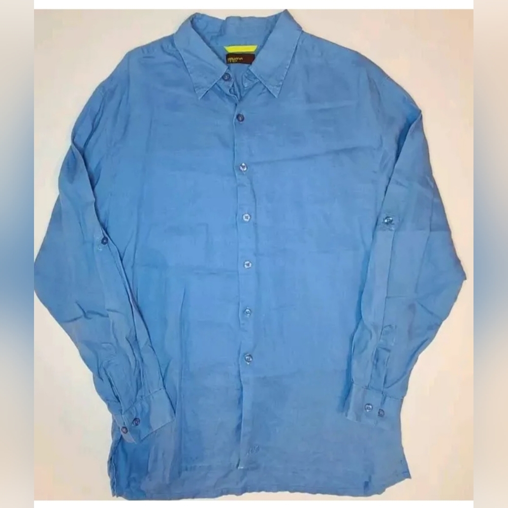 HAVANA NINES MEN'S SZ Medium 100% LINEN Long Sleeve Button Up Shirt Powder Blue